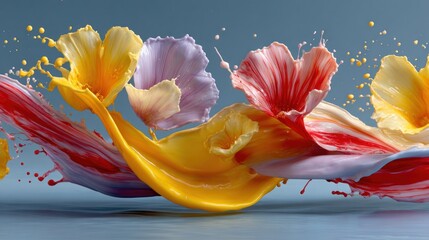Vivid colorful paint splashes form flowers with a blue background, creative and abstract