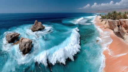 Panoramic view of a turquoise ocean with crashing waves, rocks, a sandy beach, and palms
