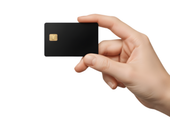 "Hand Holding Blank Black Credit Card with Chip, Isolated on Transparent Background PNG – Payment Mockup"