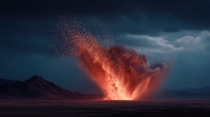 Dramatic fiery eruption rising from a flat landscape under a dark, stormy sky