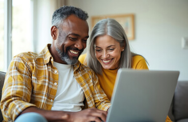 Mature interracial couple uses laptop together at home. Happy old family sits on sofa watching film, shopping online chatting with friends. Seniors enjoy time at home. Digital lifestyle for elderly.