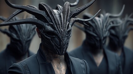 Hooded figures with intricate, alien like headpieces stand in eerie unison, creating a surreal atmosphere. Sci-fi mystery, otherworldliness,  unsettling intrigue. Replicant robotic person, concept.