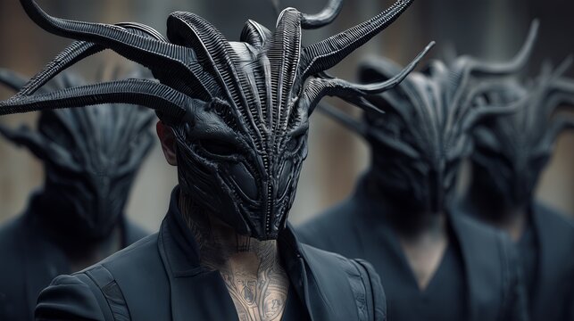 Hooded figures with intricate, alien like headpieces stand in eerie unison, creating a surreal atmosphere. Sci-fi mystery, otherworldliness,  unsettling intrigue. Replicant robotic person, concept.