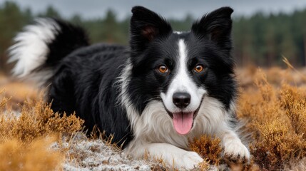 Close-up of a black and white dog with bright eyes, lying in brown autumn foliage