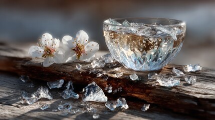 A clear glass with water and shattered ice rests near delicate white blooms