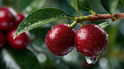 Close-up of glossy, red berries with water droplets on a green leafy branch