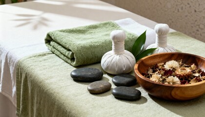 Spa Massage Table with Towels and Stones