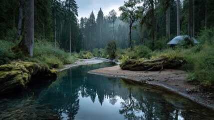 Misty forest scene with a calm, reflective river flowing through lush greenery