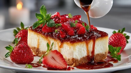 Cheesecake slice with strawberry topping being drizzled with sauce on a plate