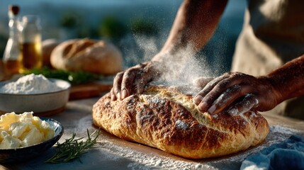 Hands dust a loaf of bread with flour as ingredients sit on a wooden table