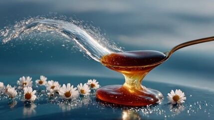 Spoon holding amber liquid, water splashing above, small white flowers nearby