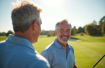 Smiling senior man playing golf. Father enjoys hobby with his son on a green golf course at sunny morning. Men spending time together for healthy recreation and relax.