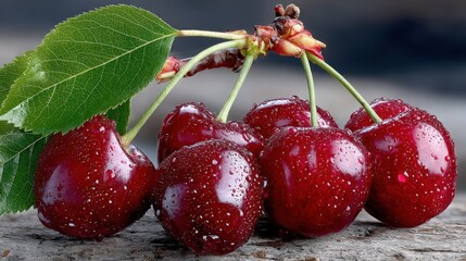 Close-up of ripe, glistening cherries with stems and a single leaf, on rustic wood