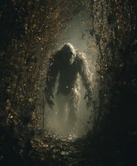 A large, hairy creature, bigfoot.  A shadowy, ghostly figure emerges from misty woods, evoking eerie mystery and supernatural dread. The scene captures horror, suspense, and haunting beauty.