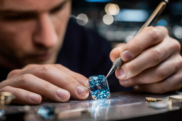 Jeweler Carefully Examining a Large Blue Gemstone