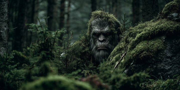 A moss covered, bigfoot creature peers solemnly from a misty forest, blending into the greenery evoking mystery and primal presence in nature&rsquo;s depths.