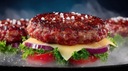 Close-up of a juicy burger with salt, cheese, onions, and tomatoes, with vapor around