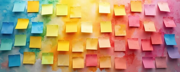 Colorful sticky notes arranged on a vibrant watercolor background. This visual represents ideas, planning, or brainstorming sessions. Plenty of blank space for text overlays.