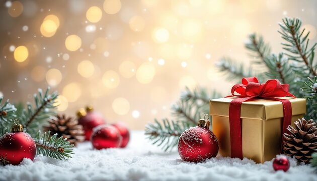 Gold gift box with red ribbon sits on snow next to pine branches. Red ornaments and pinecones surround the present with bokeh lights background. Christmas celebration scene. - Powered by Adobe