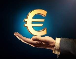 A hand delicately balances a glowing golden Euro symbol, representing financial stability and economic focus. The image conveys wealth, precision, and modern currency.