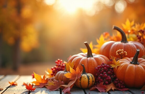 Photo features pumpkins gourds and fall leaves arranged on wooden table. Seasonal harvest autumn theme. Festive decorations for Thanksgiving holiday celebration. Warm colors create cozy mood.
