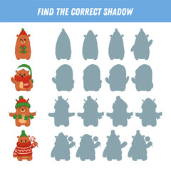 Find correct shadow of cartoon bear. Educational logical game for kids. Christmas game. Vector illustration