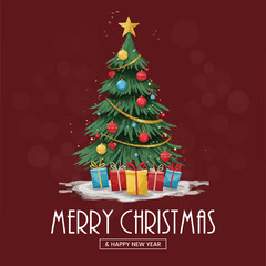 Naklejka premium Beautifully Decorated Christmas Tree with Colorful Ornaments and Presents, A Merry Christmas and Happy New Year Image