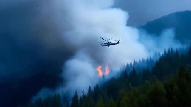 4K Aerial firefighting helicopter battling a massive forest fire in a mountain landscape. Thick smoke clouds rise above the green conifer trees as the aircraft drops water