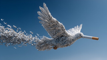 Dove made of scattered cigarette pieces flying through blue sky symbolizing anti-smoking awareness and harmful effects of tobacco
