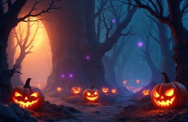 Fototapeta premium Glowing pumpkins illuminate dark halloween forest path. Spooky trees create eerie mood. Digital illustration shows holiday season celebration. Jack-o-lanterns with scary faces decorate mysterious