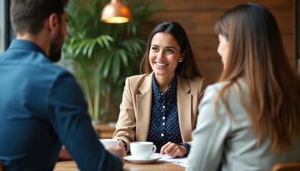 People sit at table, drink coffee, talk and discuss. Woman smiles, gestures. Colleagues meet for casual business chat and plan. Teamwork at cafe.
