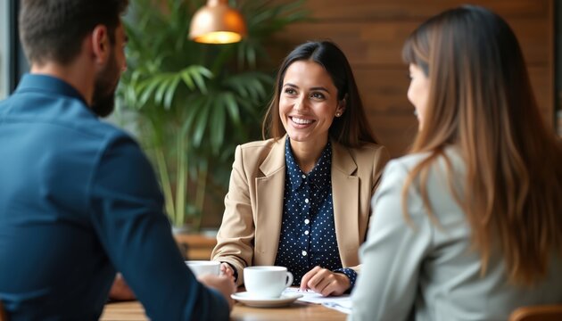 People sit at table, drink coffee, talk and discuss. Woman smiles, gestures. Colleagues meet for casual business chat and plan. Teamwork at cafe.
