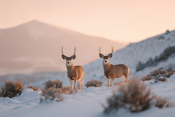 two graceful deer stand in blanket of soft white snow as sun sets in background casting ultrabright glow