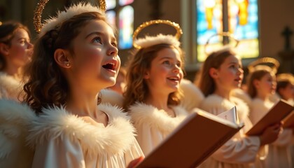 Fototapeta premium Kids wearing angel costumes sing carols in church. Religious children choir perform holiday song together. Joyful concert. Girls sing with golden halos, worship at festive gathering. Warm light