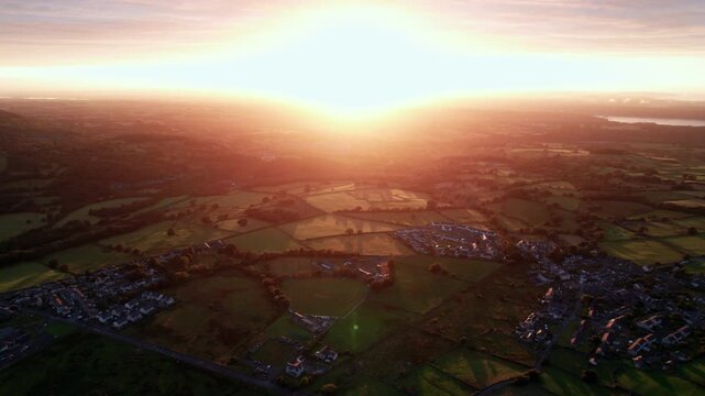 Cinematic Sunset Drone View Over Welsh Countryside