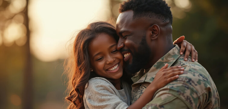 Black soldier in uniform hugs his smiling daughter tightly. Father and child share tender reunion outdoors at sunset. Family connection and love evident in sweet embrace. - Powered by Adobe