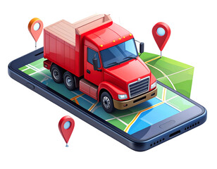 Top-Down View of Red Cargo Truck Driving on Mobile Map, Route Pins and GPS Icons, Isolated on White Background