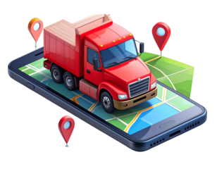 Top-Down View of Red Cargo Truck Driving on Mobile Map, Route Pins and GPS Icons, Isolated on White Background