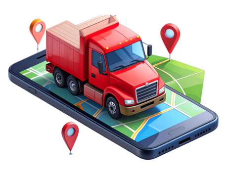 Top-Down View of Red Cargo Truck Driving on Mobile Map, Route Pins and GPS Icons, Isolated on White Background