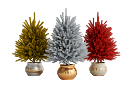 Elegant gold, silver, red Christmas trees in decorative pots on black background, festive holiday decor, winter aesthetic, cozy celebration, seasonal design element