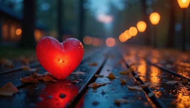 Glowing red heart sits on wet wooden planks, leaves scattered around. Bokeh lights line path in soft focus, hinting romance, new beginnings, and a peaceful night. - Powered by Adobe