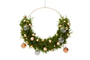 Elegant Christmas wreath with green evergreen branches, golden ornaments, clear glass baubles, modern festive holiday decor, winter celebration, cozy aesthetic background