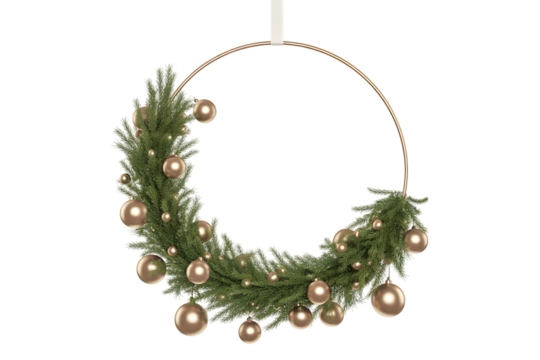 Elegant Christmas wreath, festive gold ornaments, lush green fir branches, modern circular design, cozy holiday decor, aesthetic winter celebration, beautiful background, luxury festive accent, sea