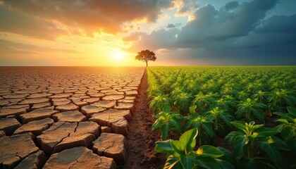 Split image shows cracked dry earth side by side with green farm field. Lone tree stands between arid land and lush crops. Sun sets over drought, warming the fertile soil.