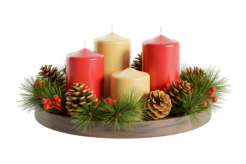 Elegant Christmas Advent wreath with red and cream candles, pinecones, evergreen branches, and festive berries. Perfect holiday background for celebration, winter decor, and cozy seasonal themes.