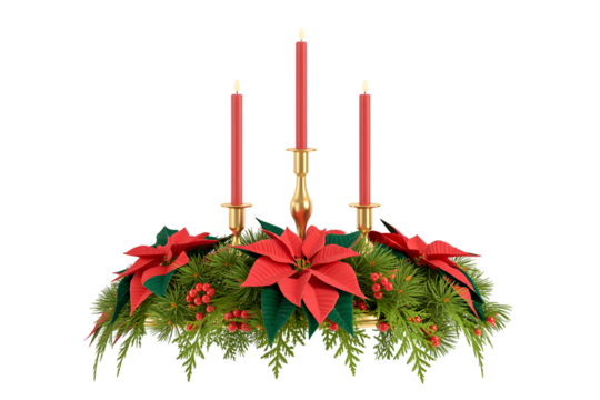 Elegant Christmas centerpiece with vibrant red candles, poinsettias, evergreen branches, and festive berries. Perfect holiday decor for celebrations, cozy winter background, and aesthetic warmth.