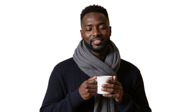 A cheerful man enjoys a warm drink while smiling warmly during a calm and cozy moment