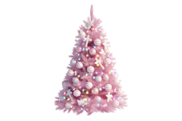 Vibrant pink Christmas tree with pastel ornaments, glowing string lights. Festive, cozy, elegant holiday decor, whimsical celebration aesthetic, winter background, joyous scene.