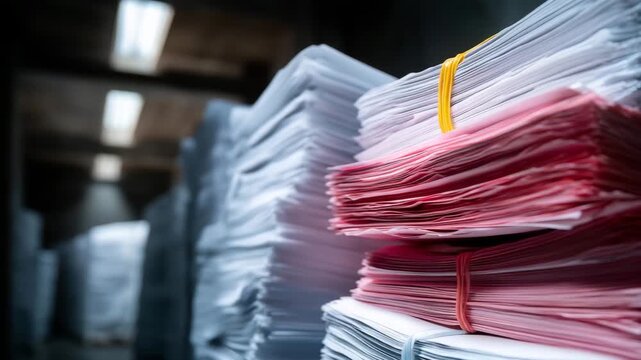 4K Close-up view of enormous piles of printed papers stacked in tall, uneven heaps. The photo symbolizes bureaucracy, excessive paperwork, and information overload in business and adm
