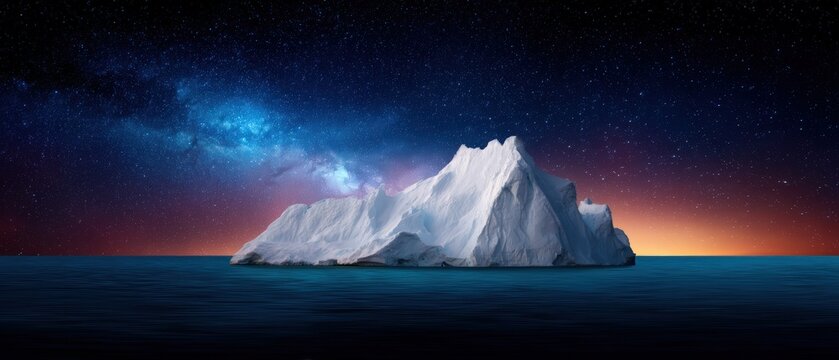 A stunning iceberg floats in calm waters under a starry sky, showcasing a breathtaking blend of natural beauty and cosmic wonder at sunset. - Powered by Adobe
